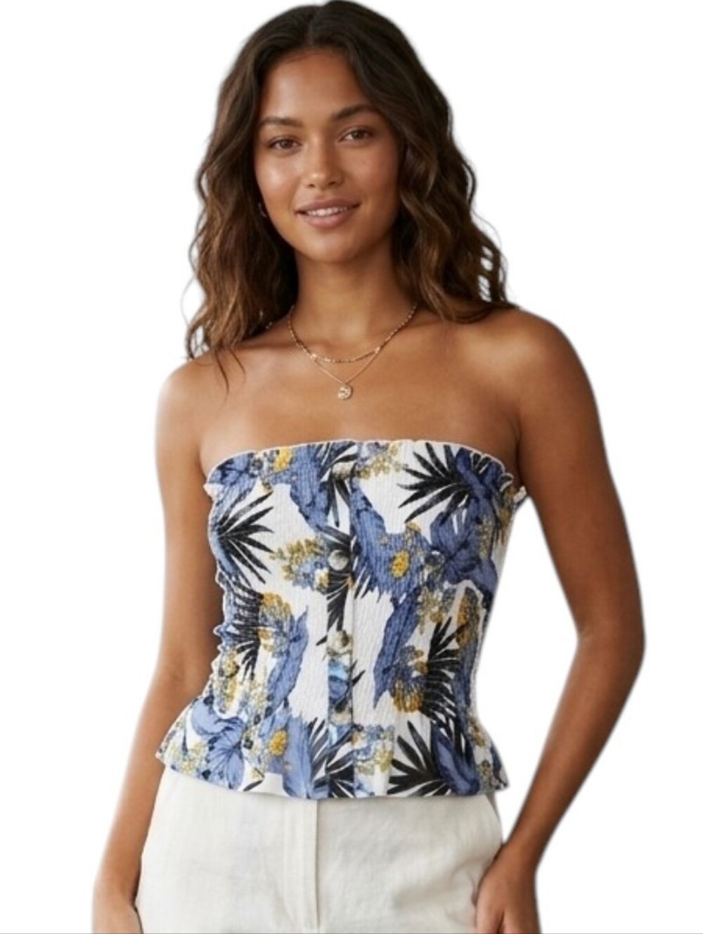 Style Envy Tropical Palm Print Strapless Tube Top Blouse Smocked Size S/M Blue